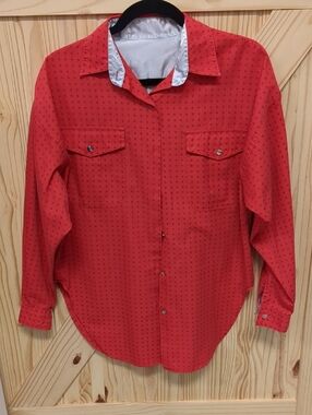 Women's Red Button-Down Shirt with Pattern Detail